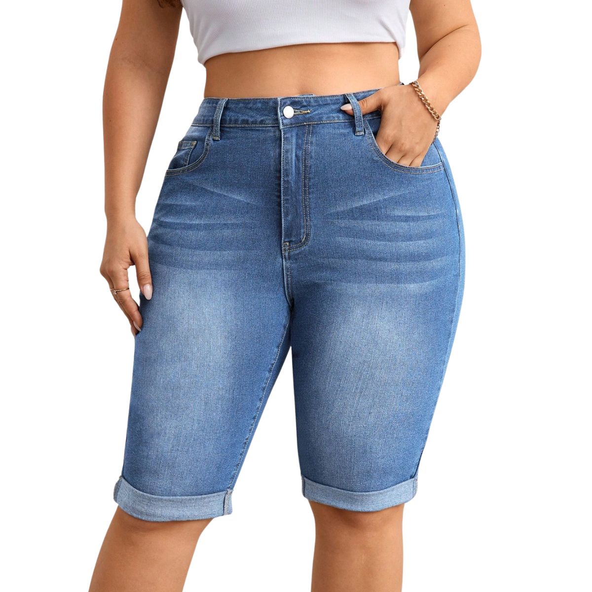 High Waist Stretch Denim Bermuda Shorts
