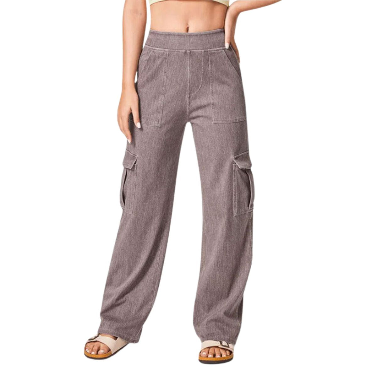 High Waist Stretch Cargo Wide Leg Jeans