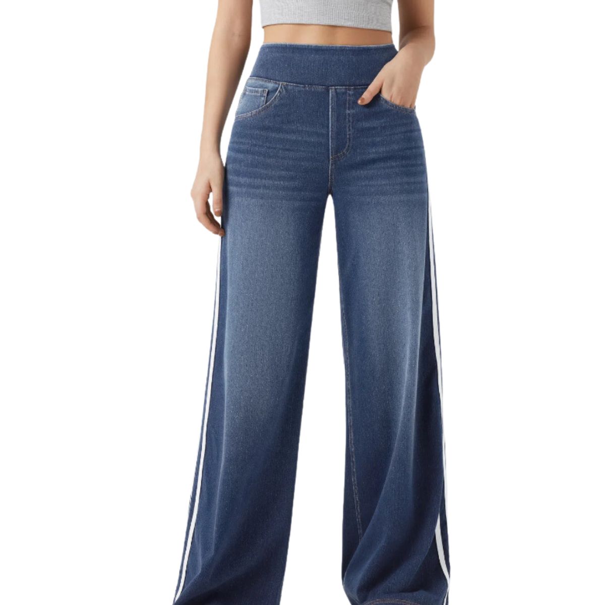 Vintage Washed Side Stripe Wide Leg Jeans