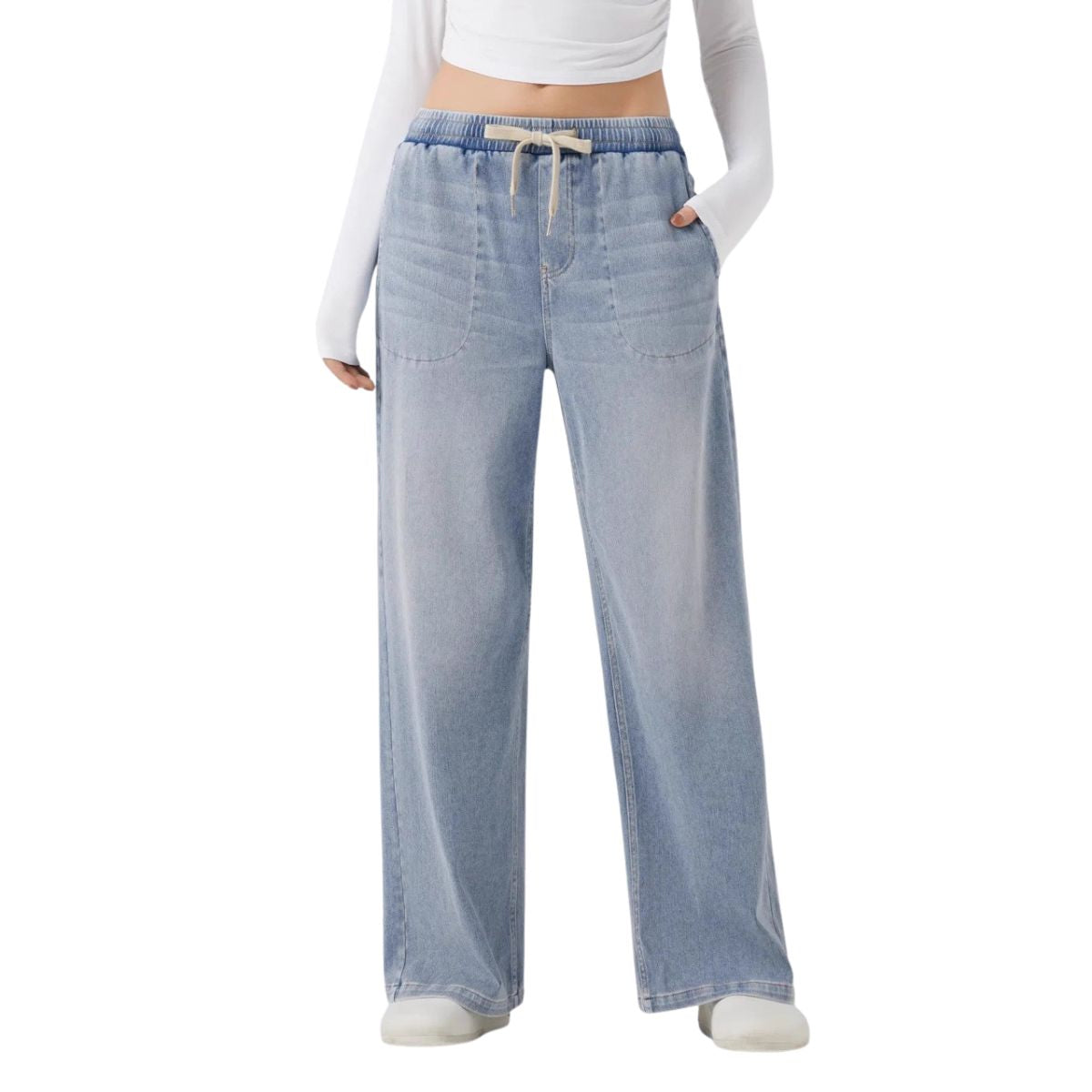 Low Rise Washed Drawstring Casual Baggy Wide Leg Jeans