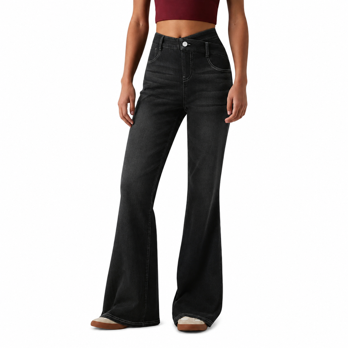 High Waist Stretch Slim Fit Straight Leg Slight Flare Jeans