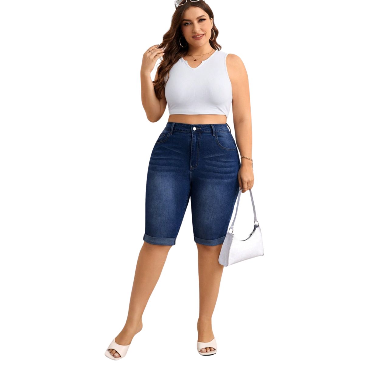 High Waist Stretch Denim Bermuda Shorts