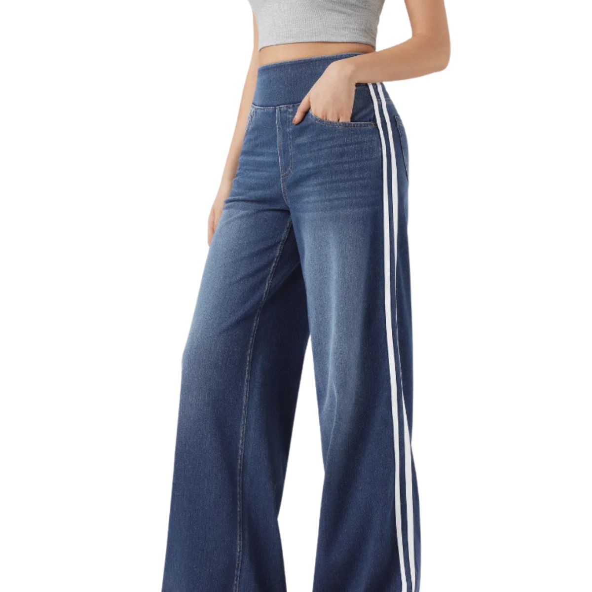 Vintage Washed Side Stripe Wide Leg Jeans