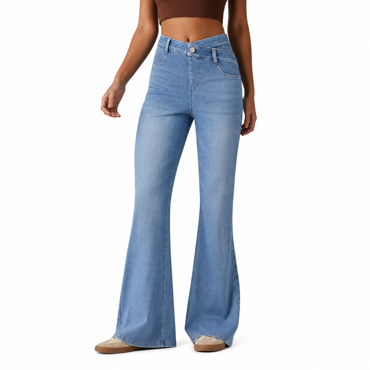 High Waist Stretch Slim Fit Straight Leg Slight Flare Jeans