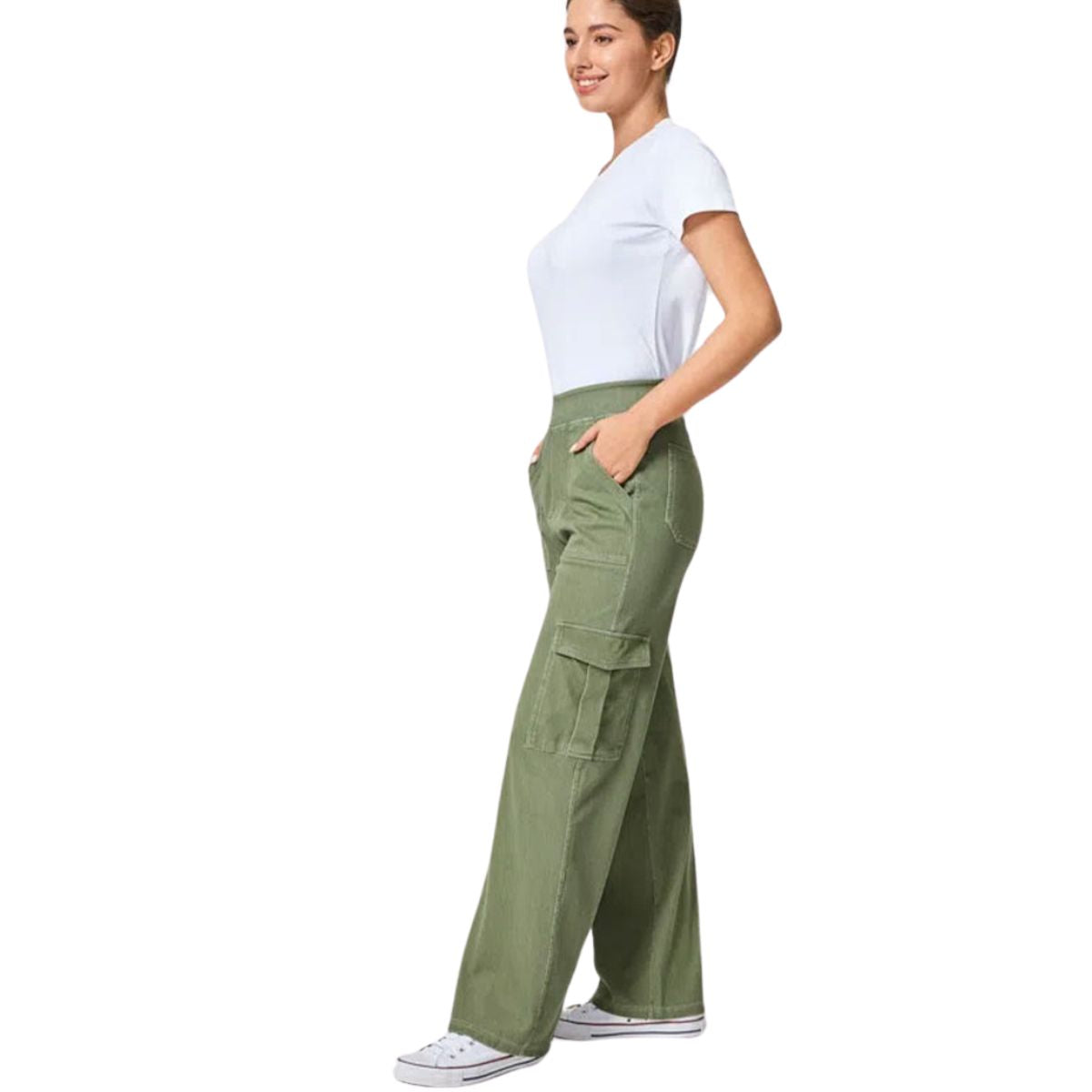 High Waist Stretch Cargo Wide Leg Jeans