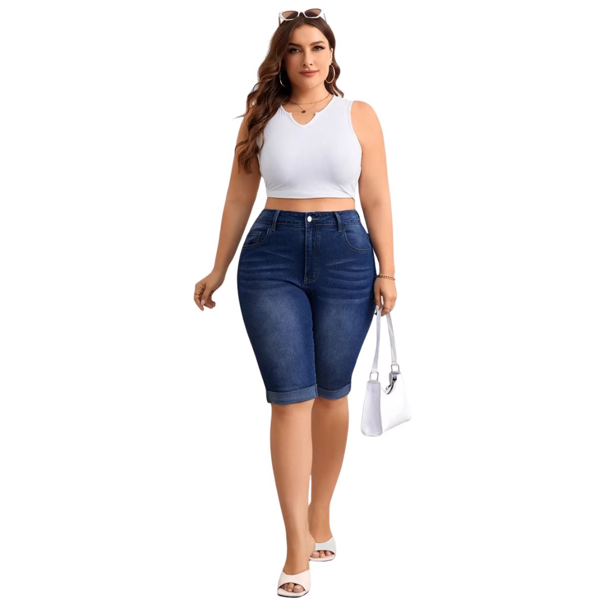 High Waist Stretch Denim Bermuda Shorts