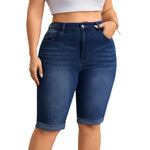 High Waist Stretch Denim Bermuda Shorts