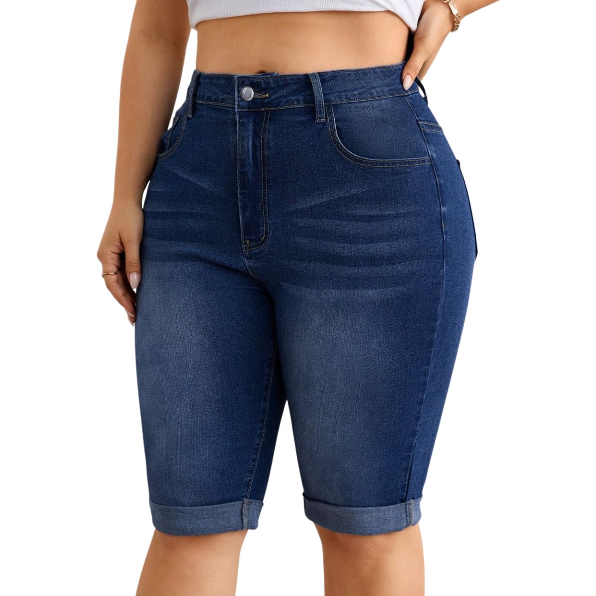 High Waist Stretch Denim Bermuda Shorts