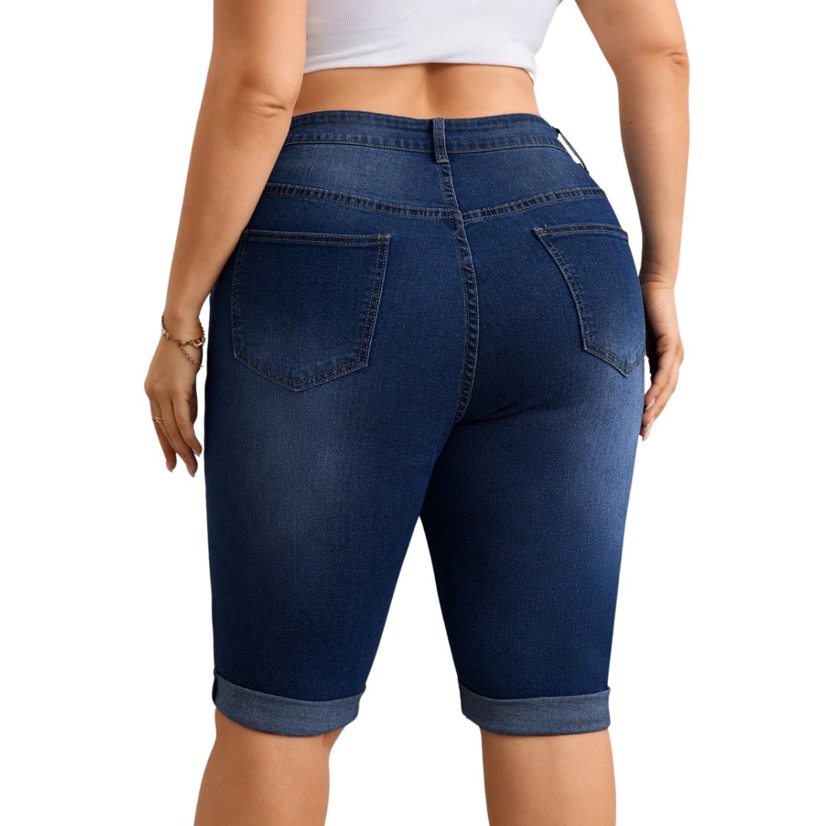 High Waist Stretch Denim Bermuda Shorts