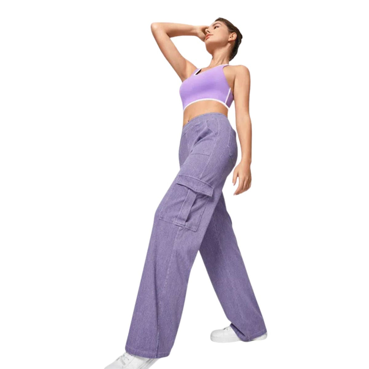 High Waist Stretch Cargo Wide Leg Jeans