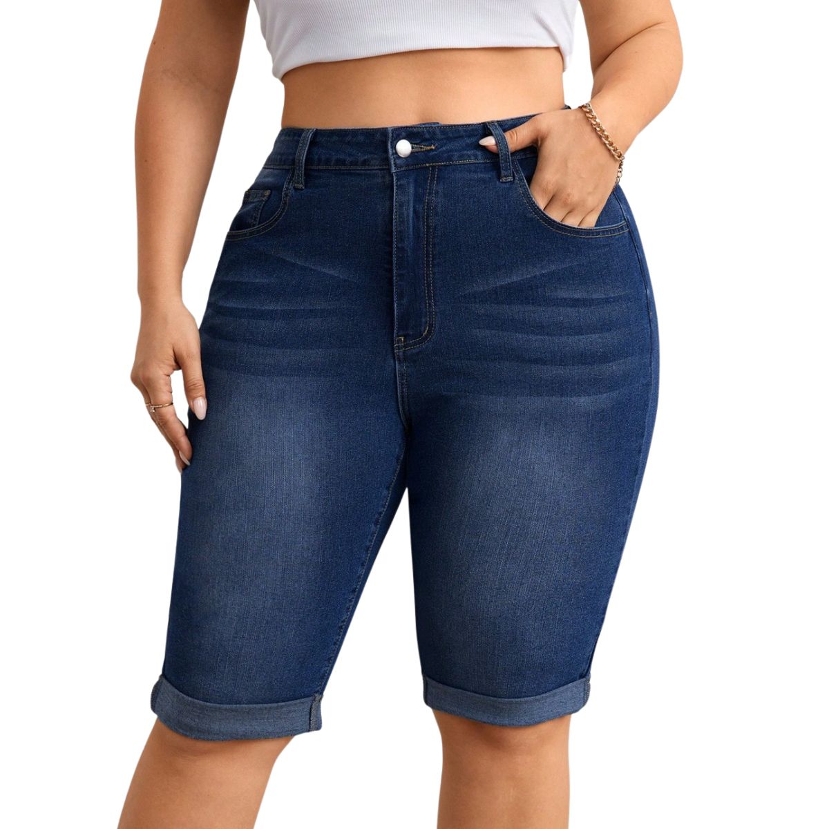 High Waist Stretch Denim Bermuda Shorts