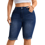 High Waist Stretch Denim Bermuda Shorts