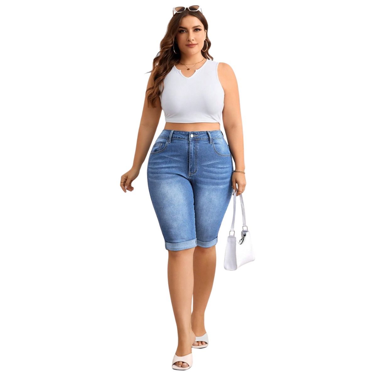 High Waist Stretch Denim Bermuda Shorts